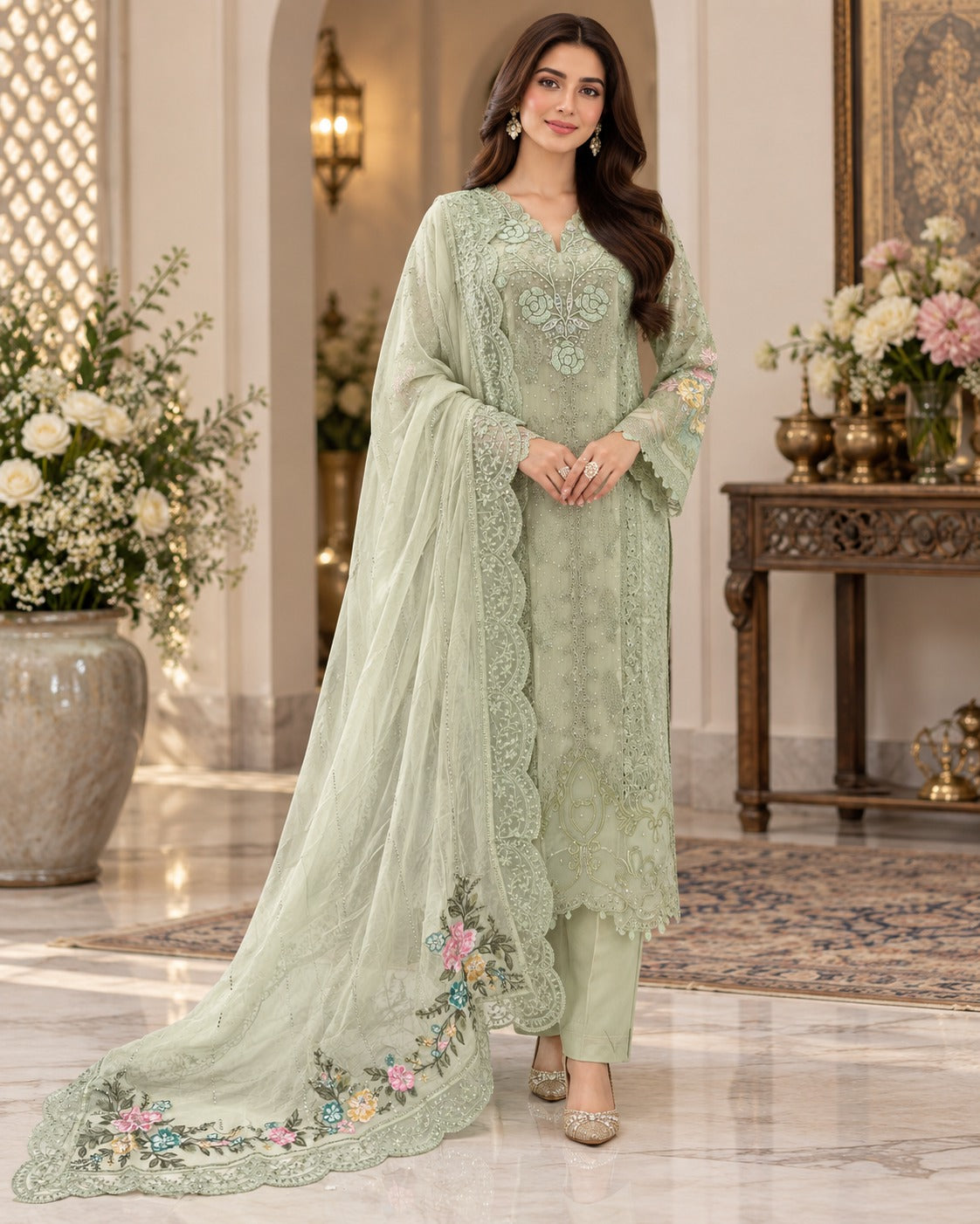 Sage Green Luxury Embroidered Organza 3 Piece Suit