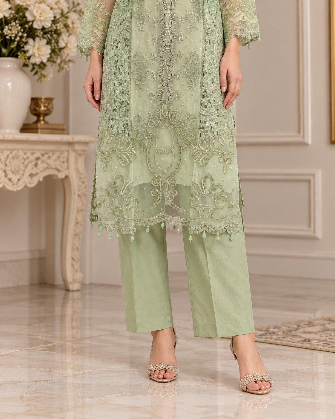 Sage Green Luxury Embroidered Organza 3 Piece Suit
