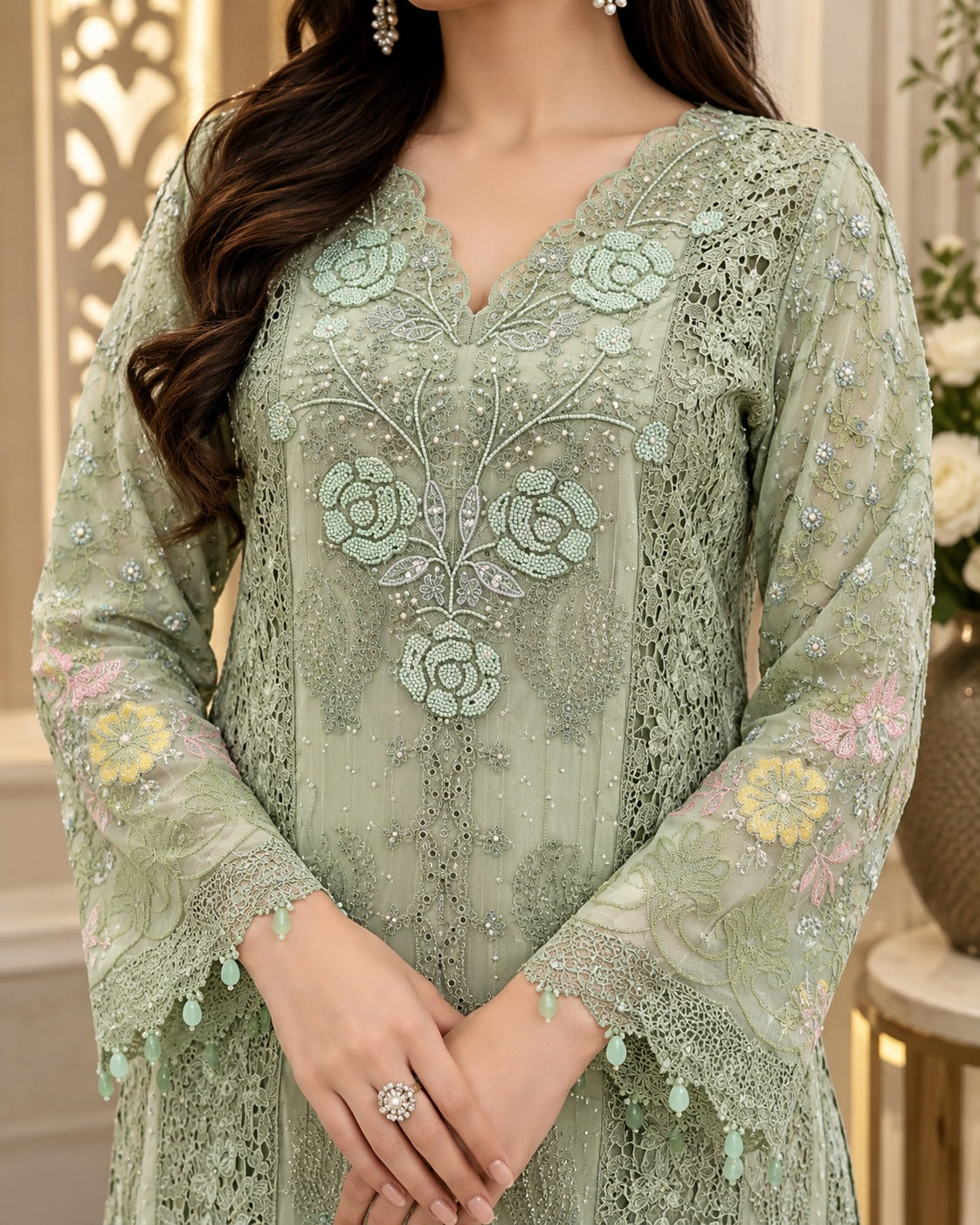 Sage Green Luxury Embroidered Organza 3 Piece Suit