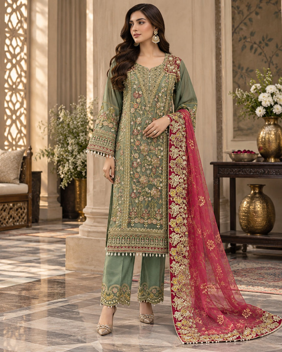 Olive Green Luxury Embroidered Organza 3 Piece Suit