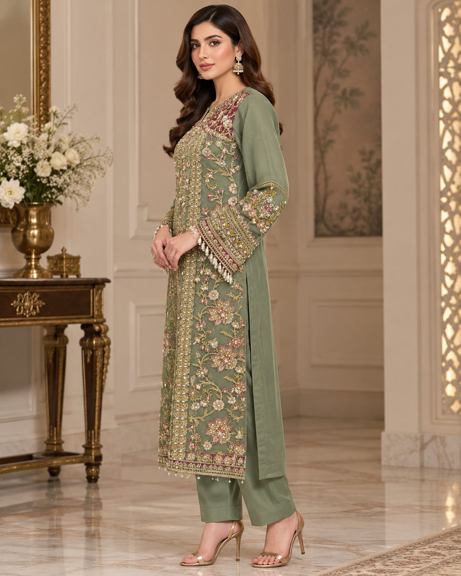 Olive Green Luxury Embroidered Organza 3 Piece Suit