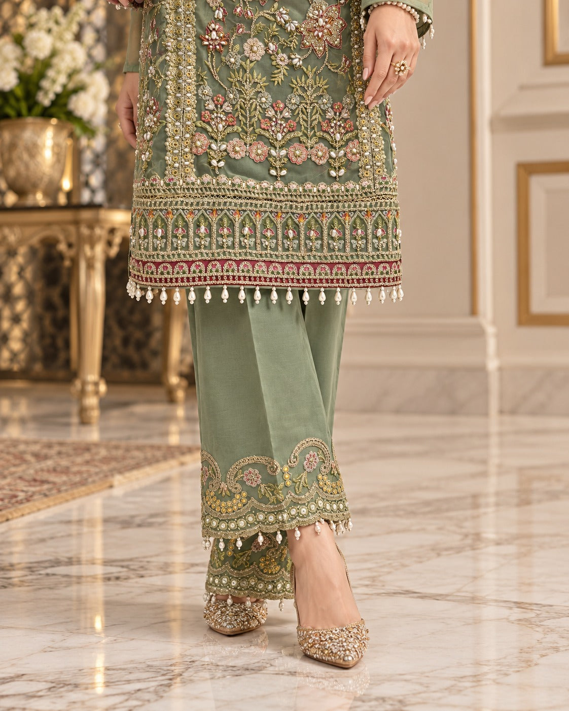 Olive Green Luxury Embroidered Organza 3 Piece Suit