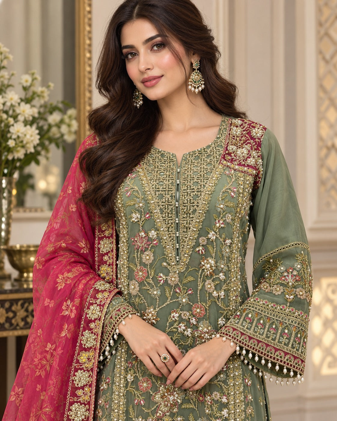Olive Green Luxury Embroidered Organza 3 Piece Suit