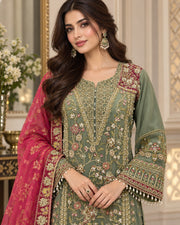 Olive Green Luxury Embroidered Organza 3 Piece Suit