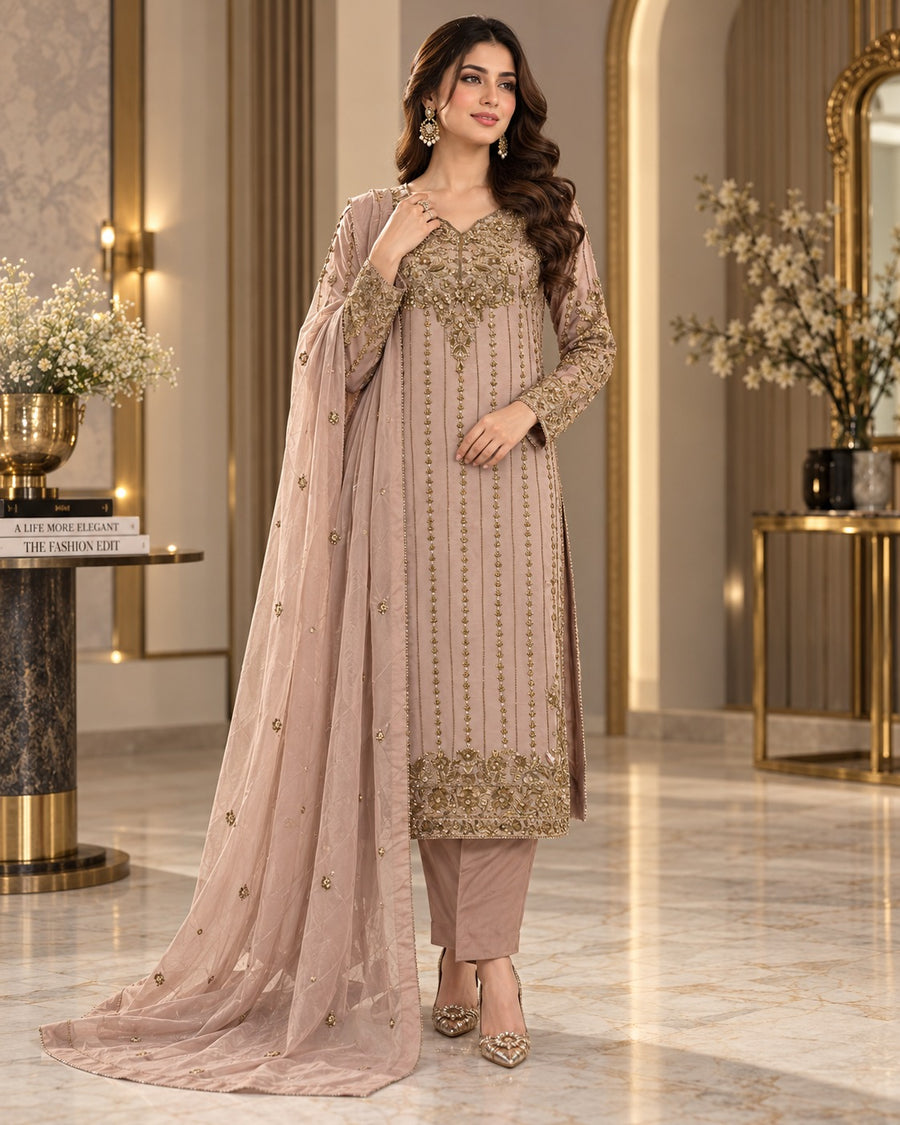 Dusty Rose Handmade Embroidered 3 Piece Formal Suit