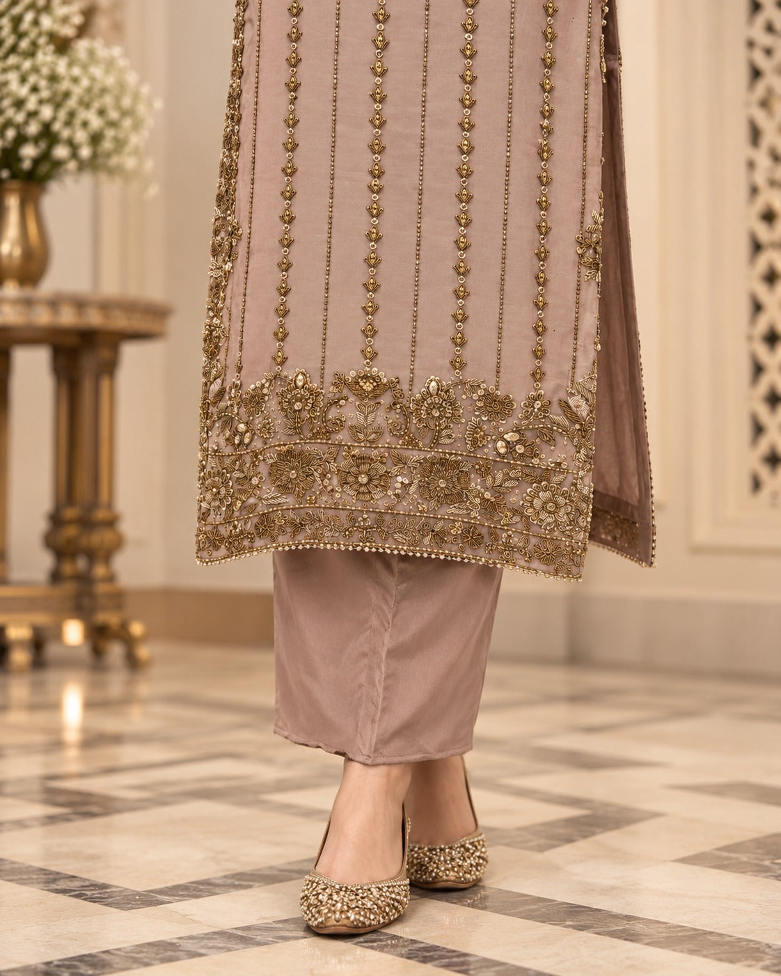 Dusty Rose Handmade Embroidered 3 Piece Formal Suit