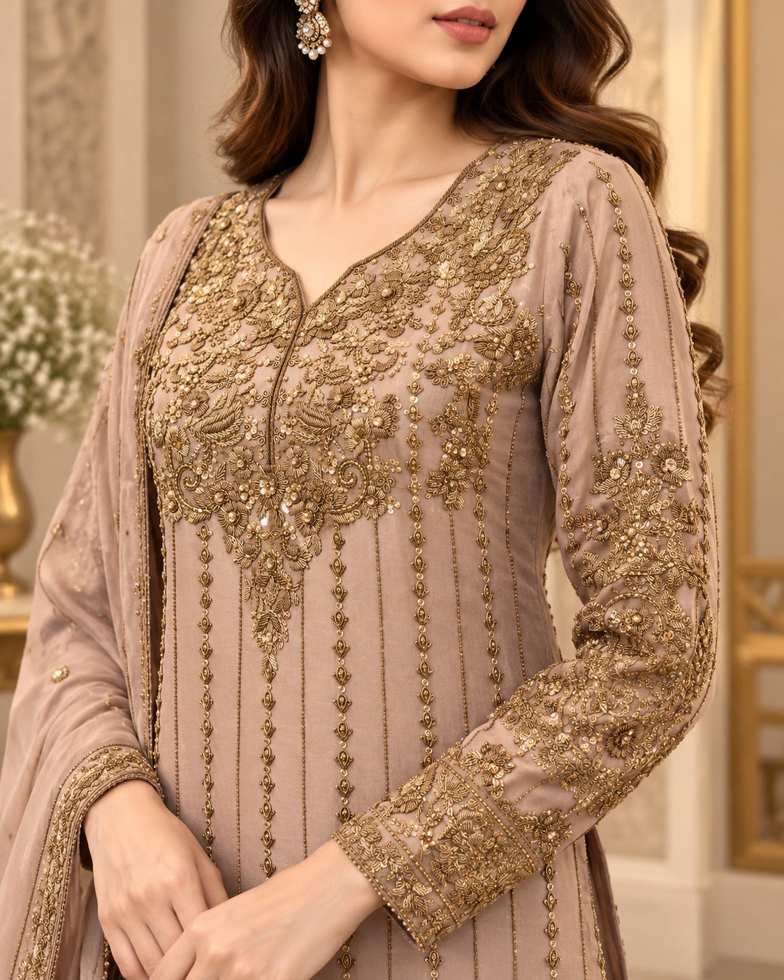 Dusty Rose Handmade Embroidered 3 Piece Formal Suit