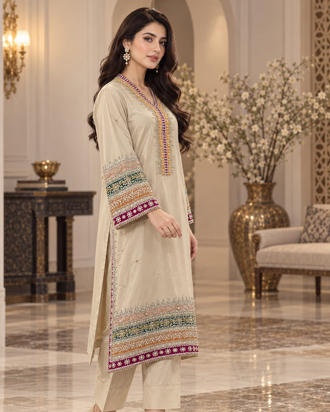 Ivory Multicolor Handworked Ready to Wear 3 Piece Suit