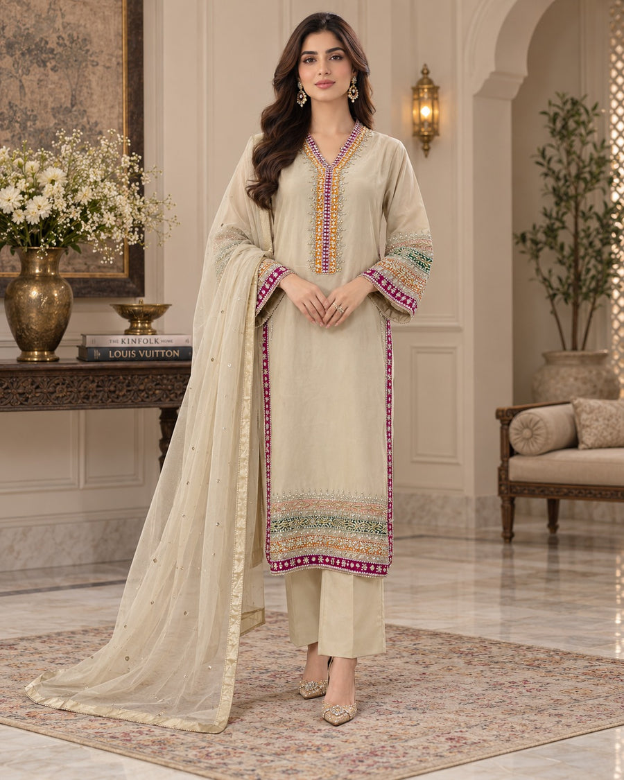 Ivory Multicolor Handworked Ready to Wear 3 Piece Suit