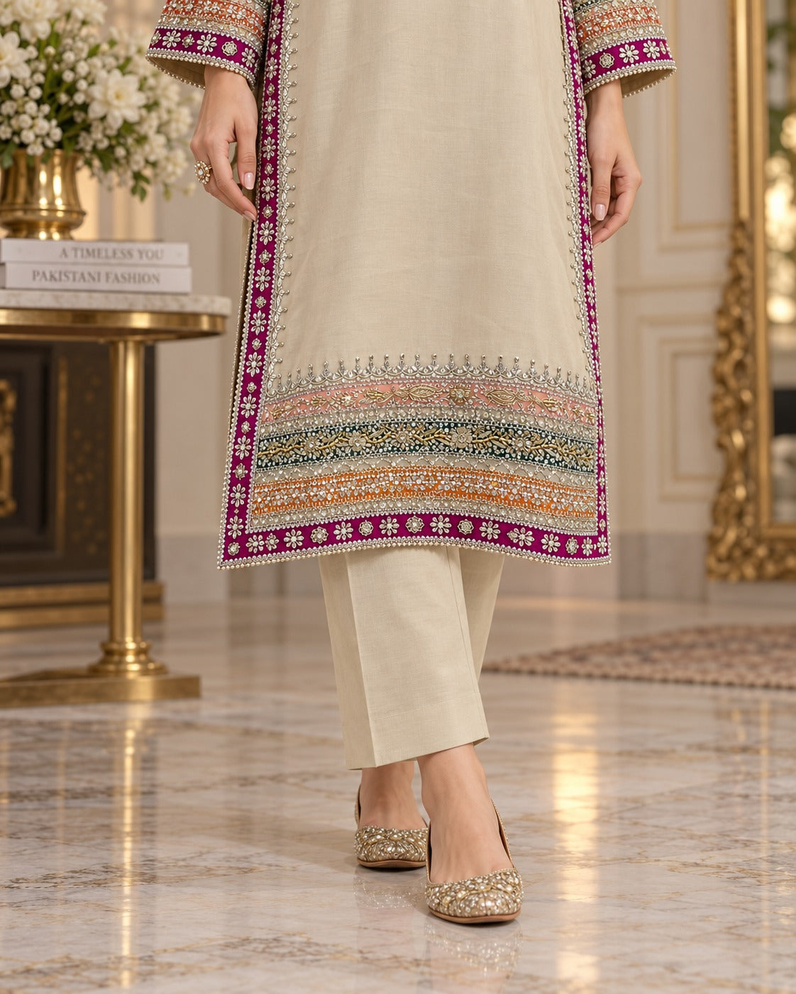 Ivory Multicolor Handworked Ready to Wear 3 Piece Suit