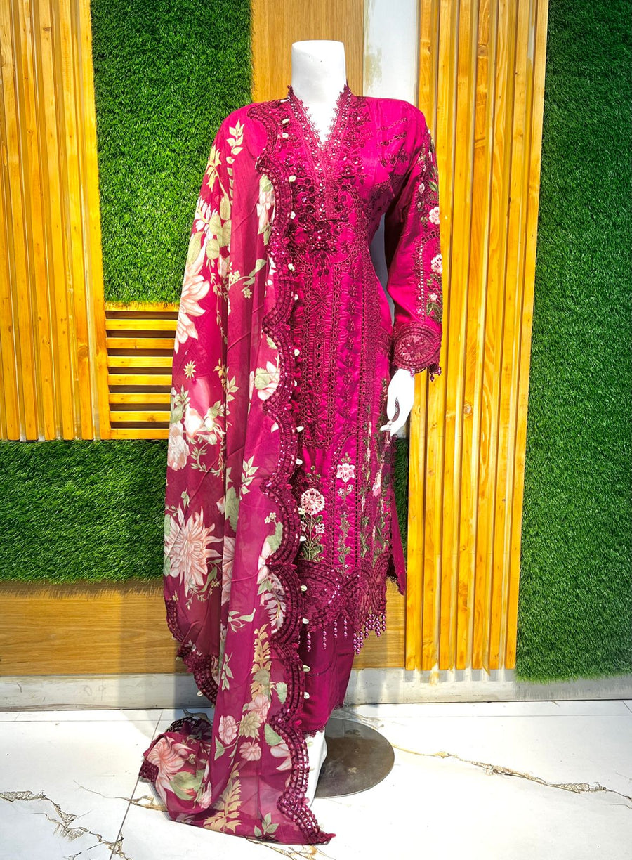 Allys Embroidered Fancy 3PC Stitched Suit – Long Shirt with Plain Trouser & Dupatta
