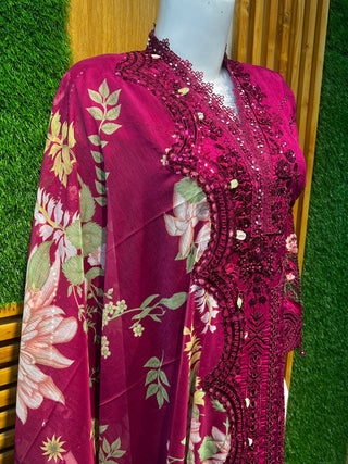 Allys Embroidered Fancy 3PC Stitched Suit – Long Shirt with Plain Trouser & Dupatta