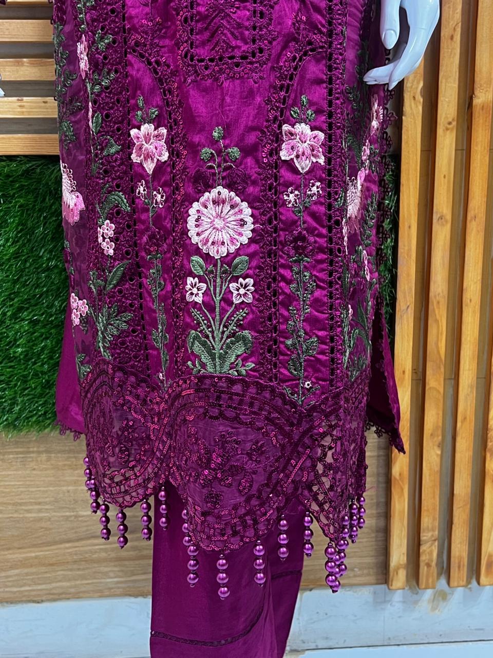 Allys Embroidered Fancy 3PC Stitched Suit – Long Shirt with Plain Trouser & Dupatta