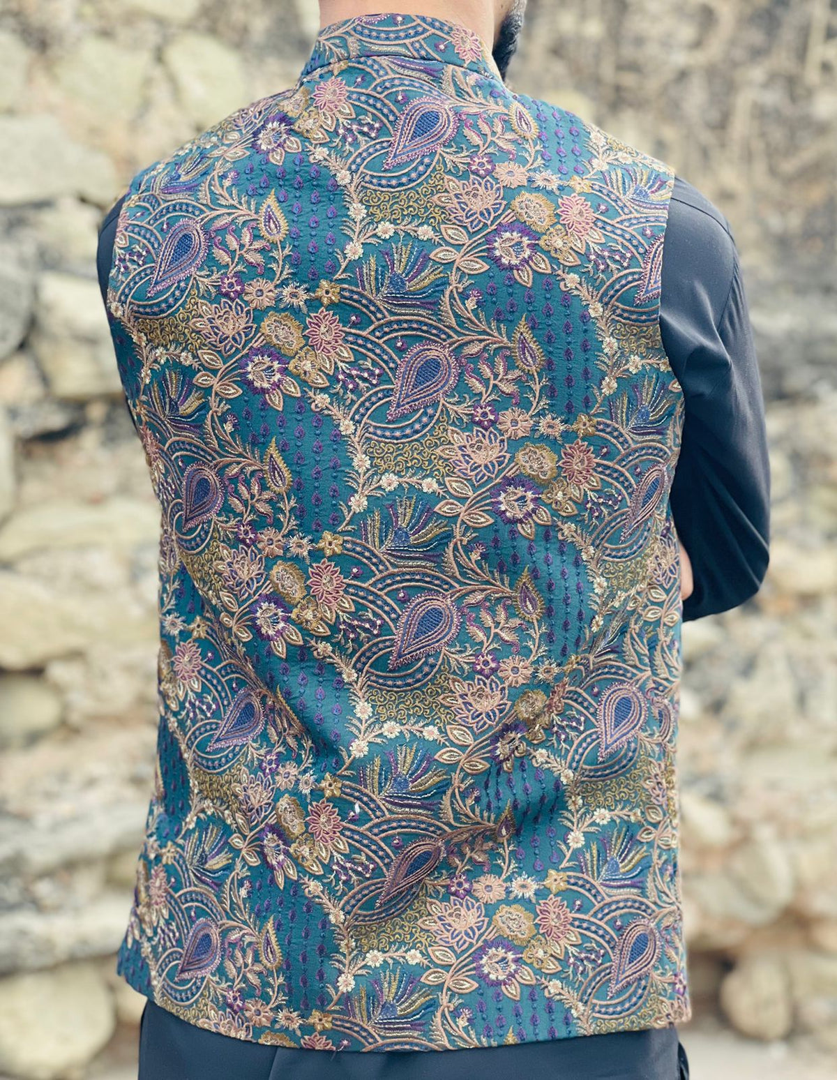 Jacquard Embroidered Waistcoat – Band Collar Formal Ethnic Wear