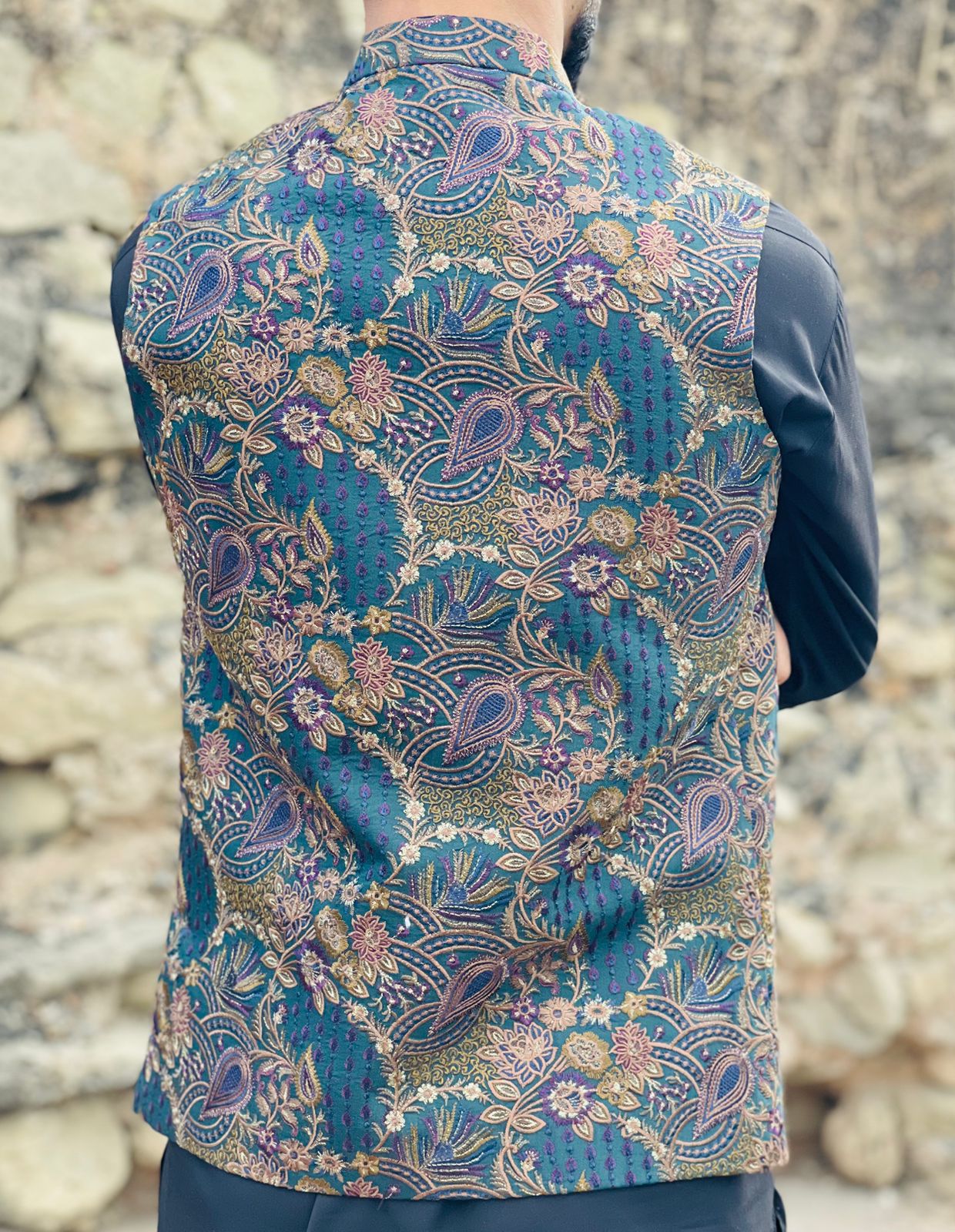 Jacquard Embroidered Waistcoat – Band Collar Formal Ethnic Wear
