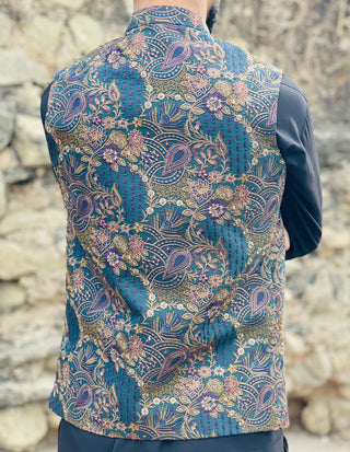 Jacquard Embroidered Waistcoat – Band Collar Formal Ethnic Wear
