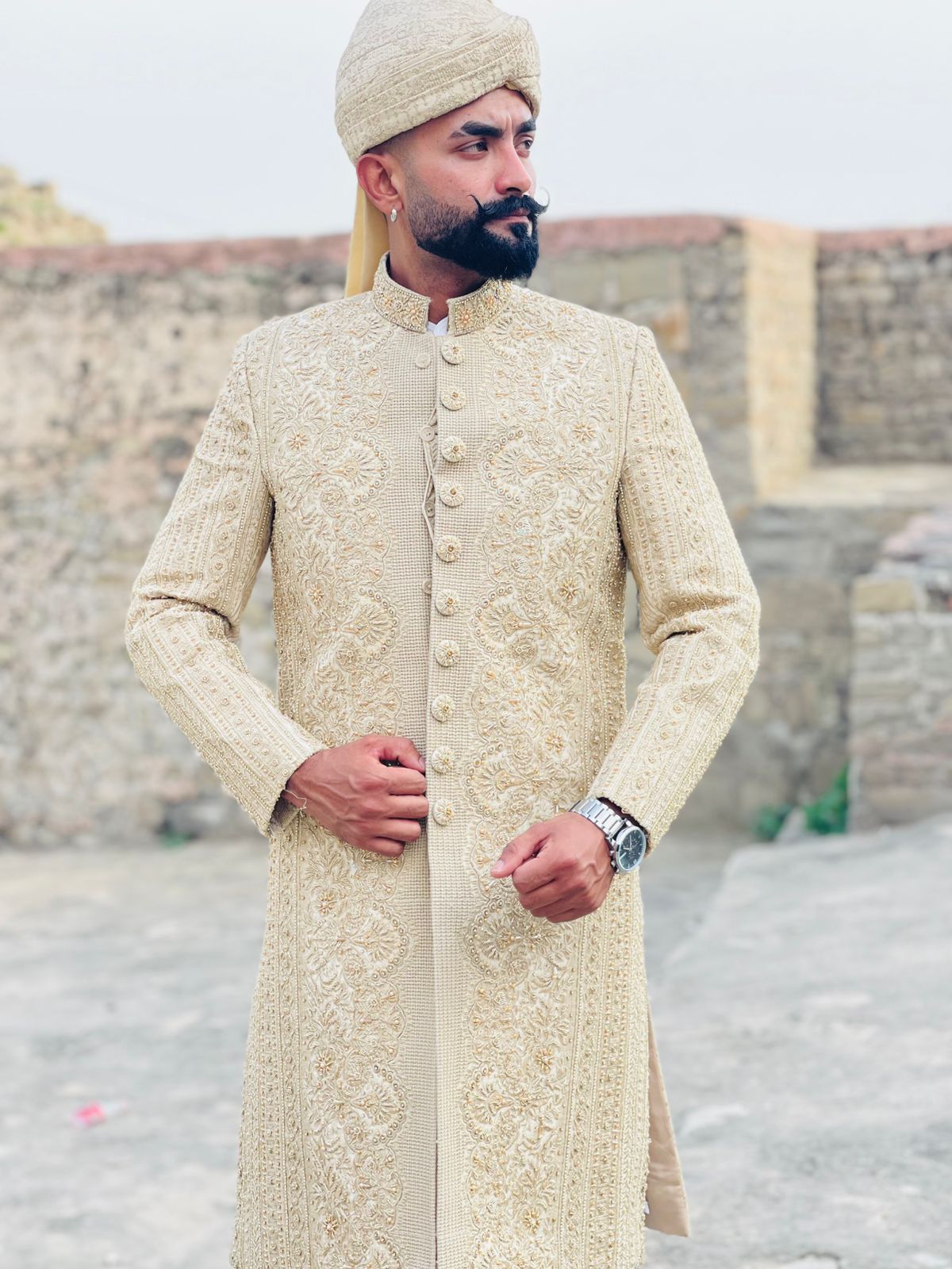 Elegant Embroidered Sherwani with White Pajama & Kulla for Groom