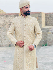 Elegant Embroidered Sherwani with White Pajama & Kulla for Groom