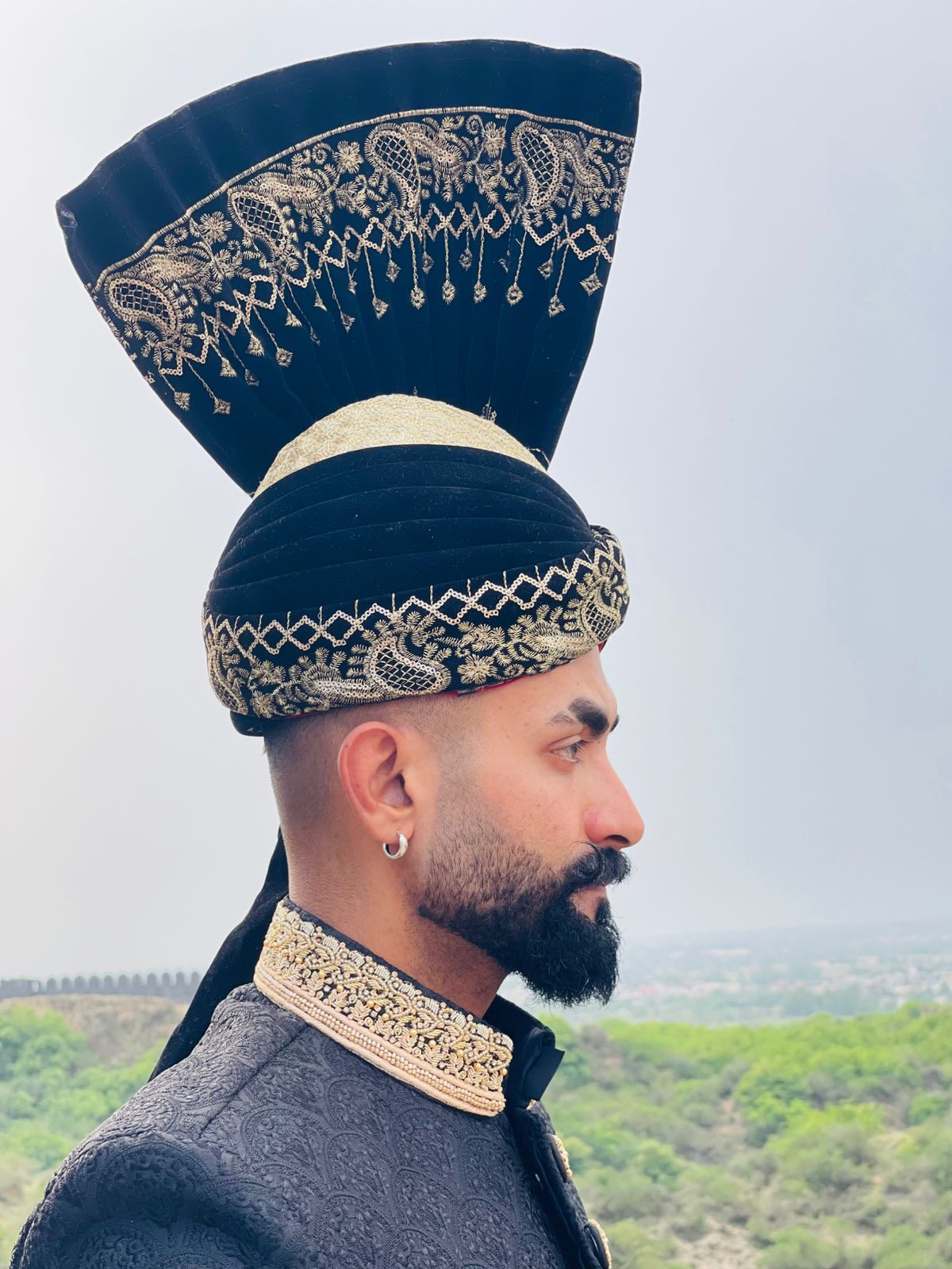 Luxury Black Jamawar Sherwani with Gold Embroidery & Kulla for Groom