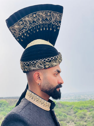 Luxury Black Jamawar Sherwani with Gold Embroidery & Kulla for Groom