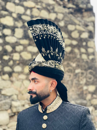 Luxury Black Jamawar Sherwani with Gold Embroidery & Kulla for Groom