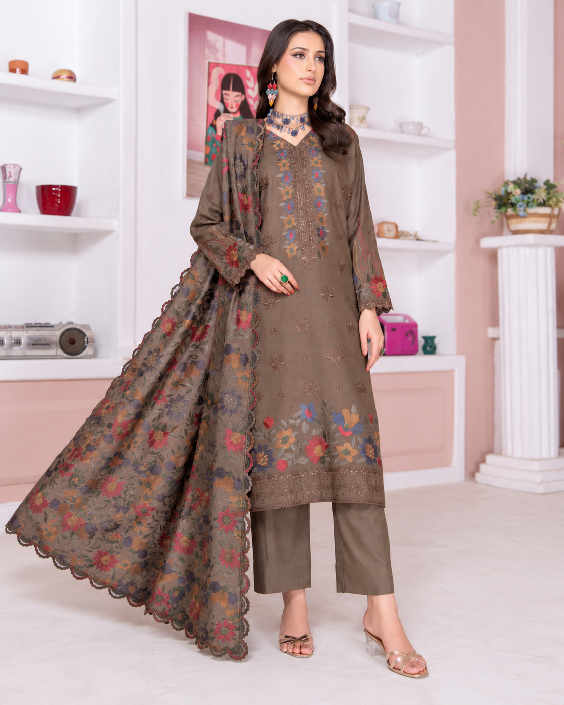 Riaz Arts Kamyar Luxury Winter Embroidered Wool Touch Peach Suit