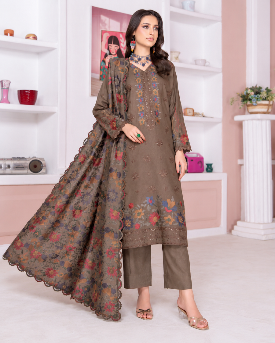 Riaz Arts Kamyar Luxury Winter Embroidered Wool Touch Peach Suit