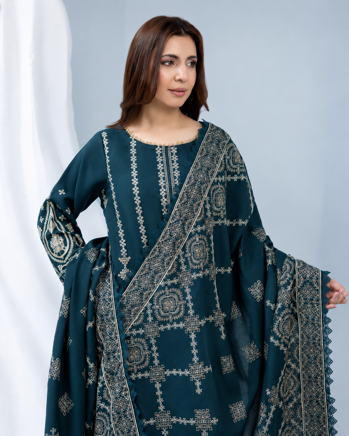 Zarnish by Johra Luxury Embroidered Winter Suit with Embroidered Wool Shawl