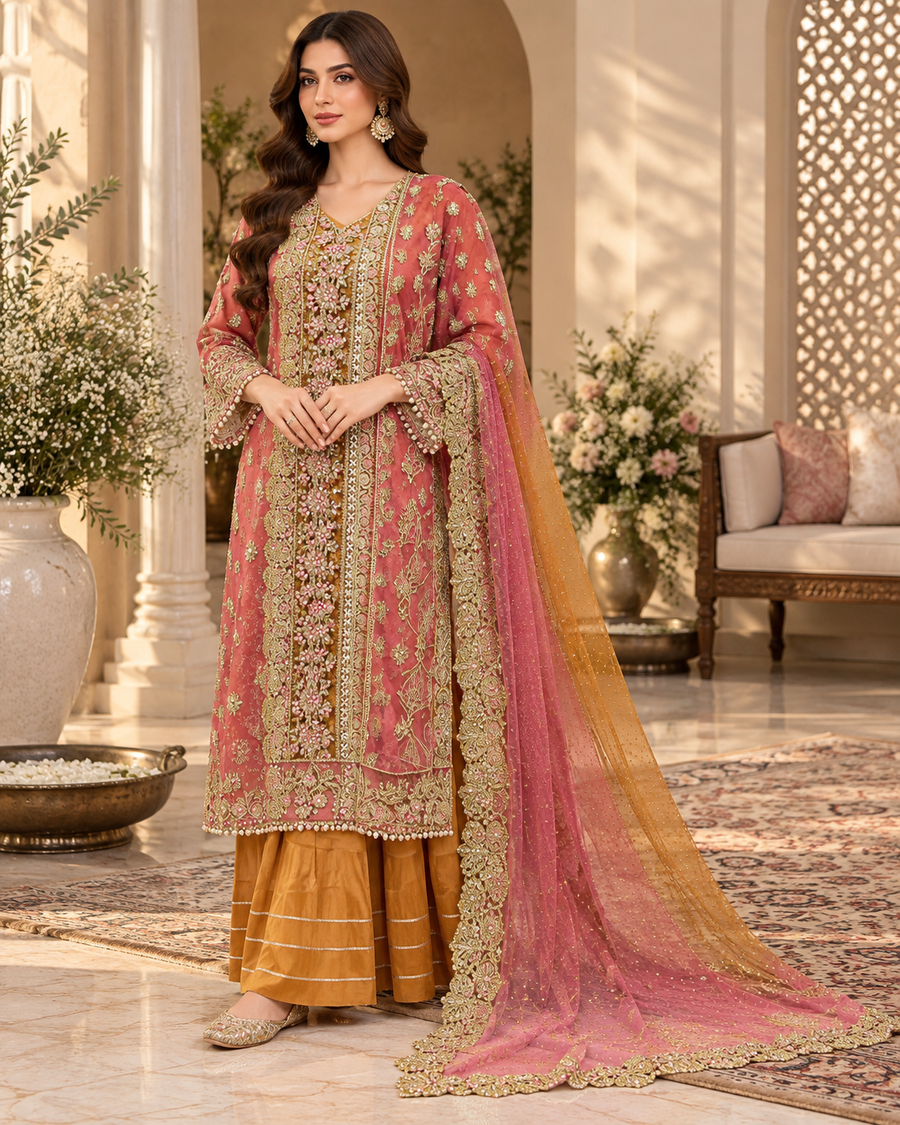 Allys Coral Pink Organza Open Shirt with Mustard Gharara