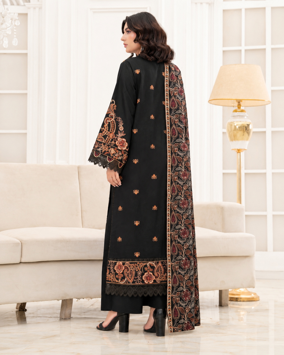 Mahveen by Johra Luxury Winter Embroidered Peach Leather Suit with Wool Shawl