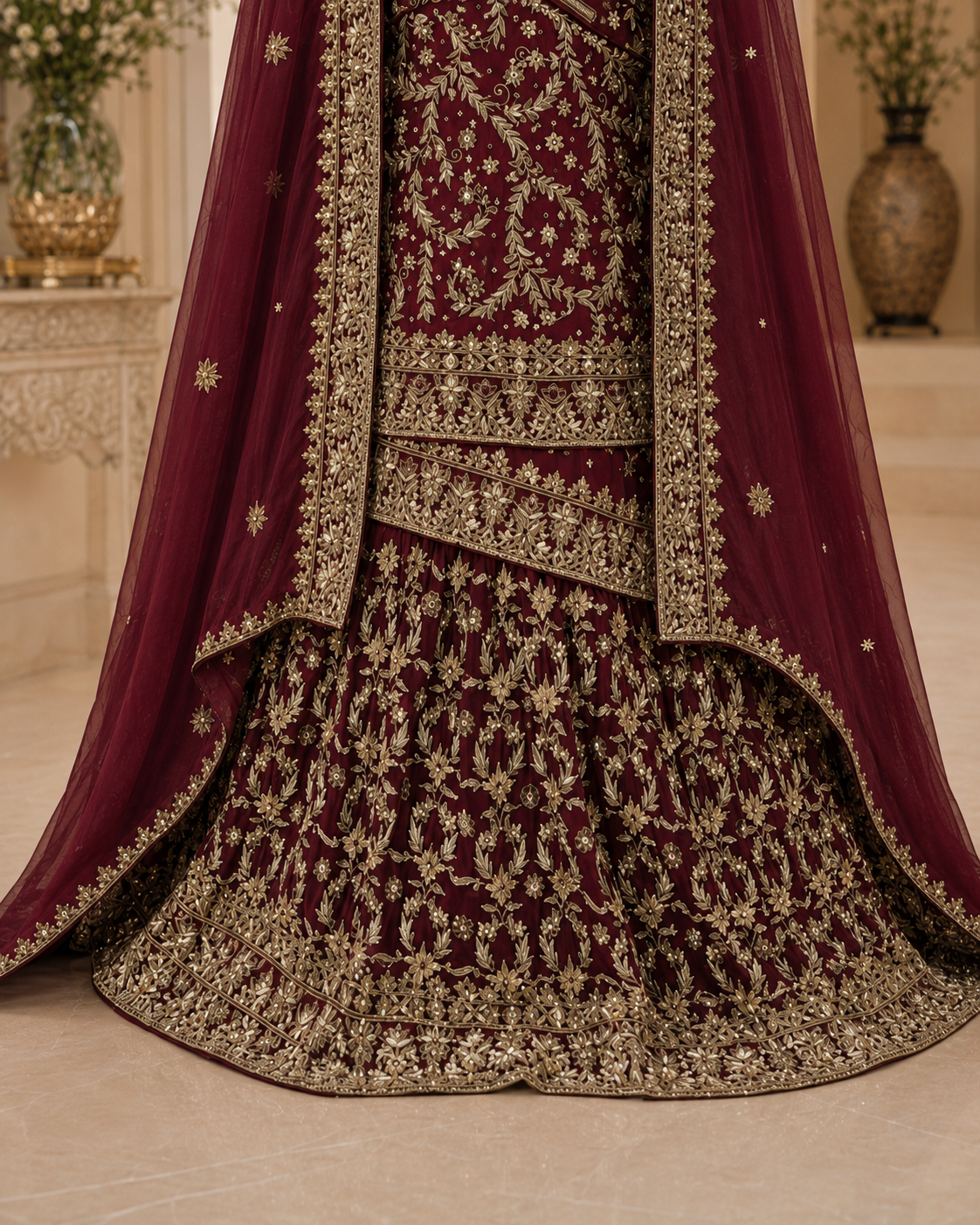 Classic Maroon Silk Bridal Farshi Lehenga with Floral Kora Dabka Work