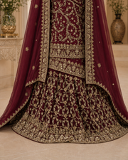 Classic Maroon Silk Bridal Farshi Lehenga with Floral Kora Dabka Work