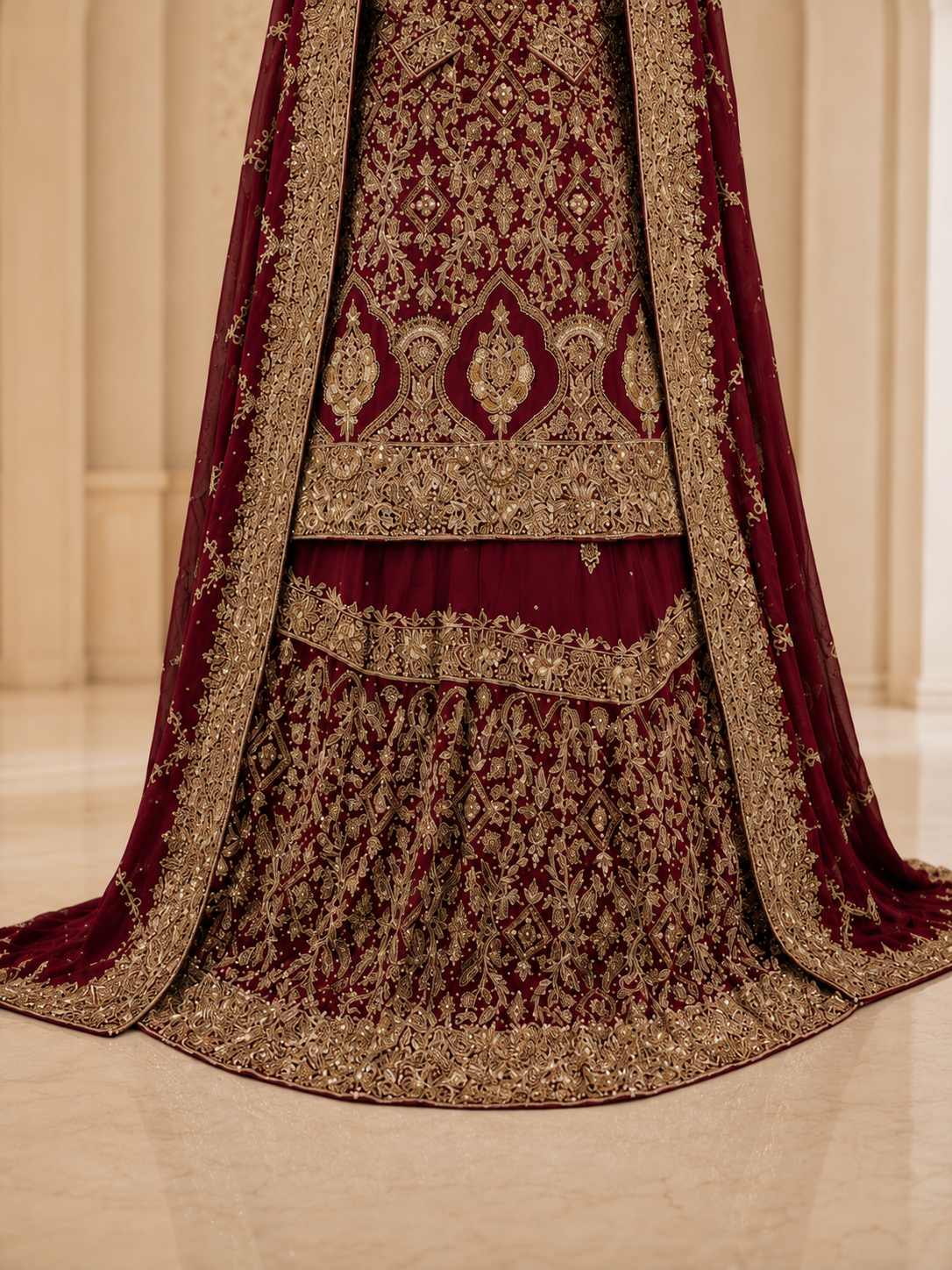 Regal Maroon Silk Bridal Farshi Lehenga with Heavy Handmade Kora Dabka Work