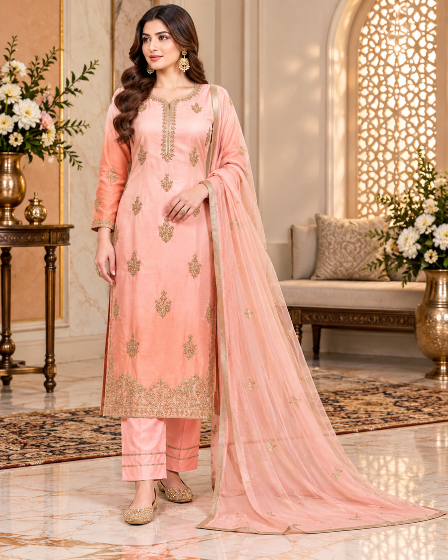 Peach Gold Handworked 3-Piece Ready to Wear Formal Suit