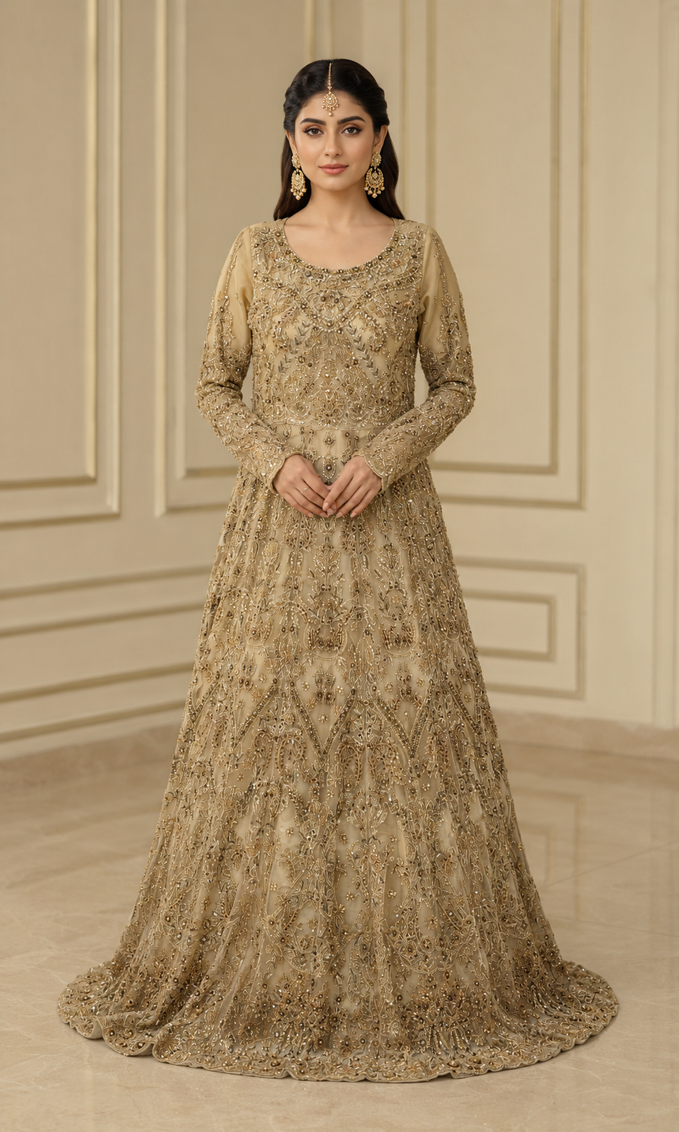 Champagne Gold Handmade Cora Dabka Maxi Dress for Wedding – Ready to Wear