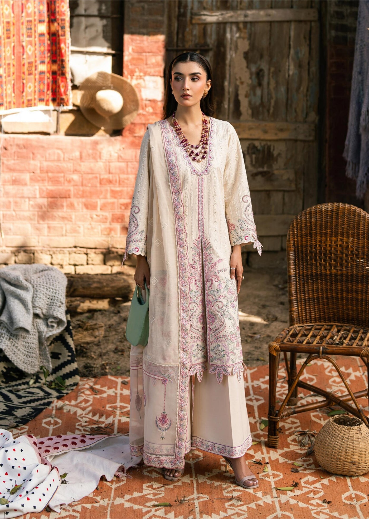 LOTUS – Ivory Embroidered Lawn 3-Piece with Chiffon Dupatta