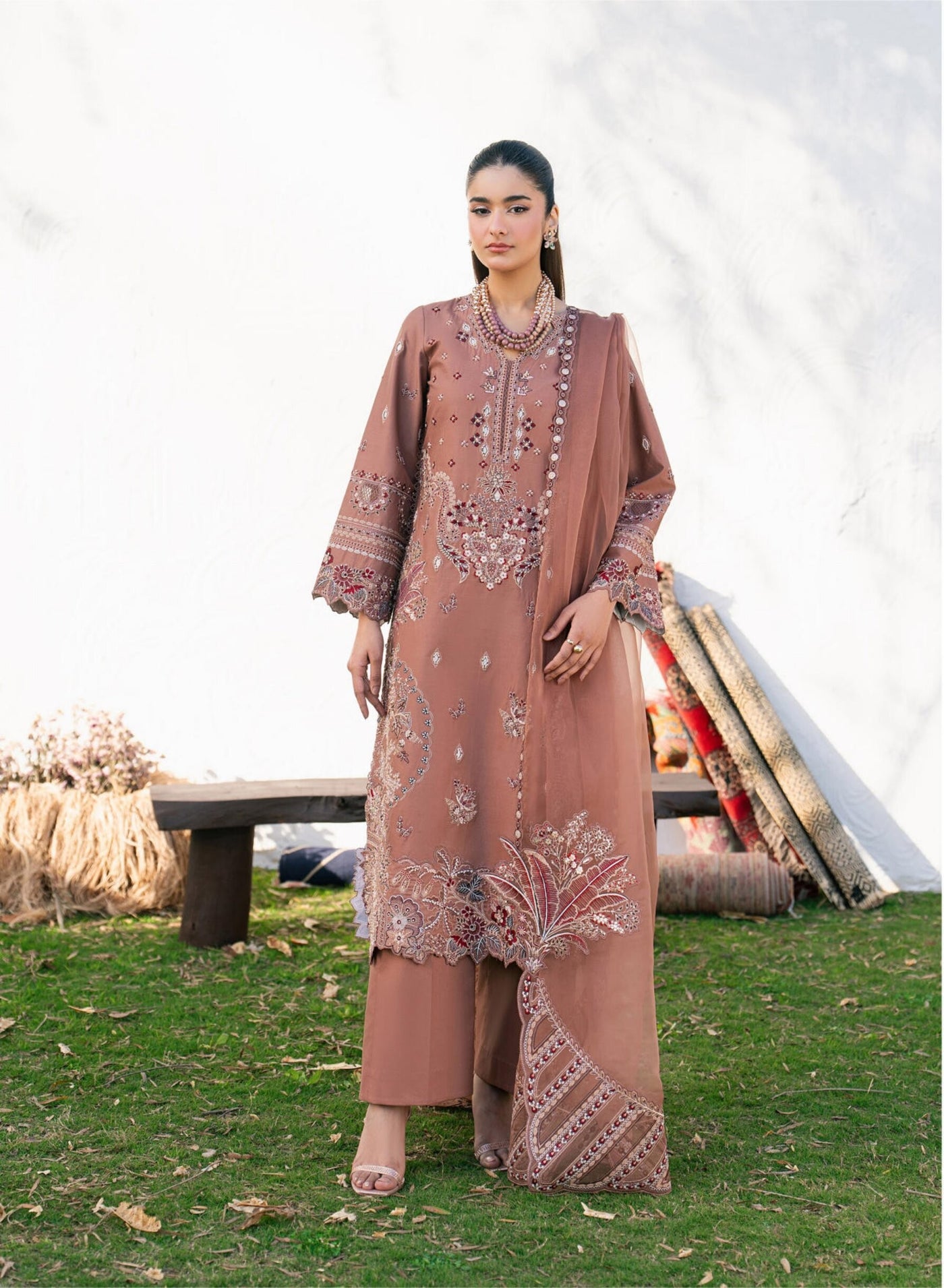 MAGMA – Brown Embroidered Lawn 3-Piece with Organza Dupatta