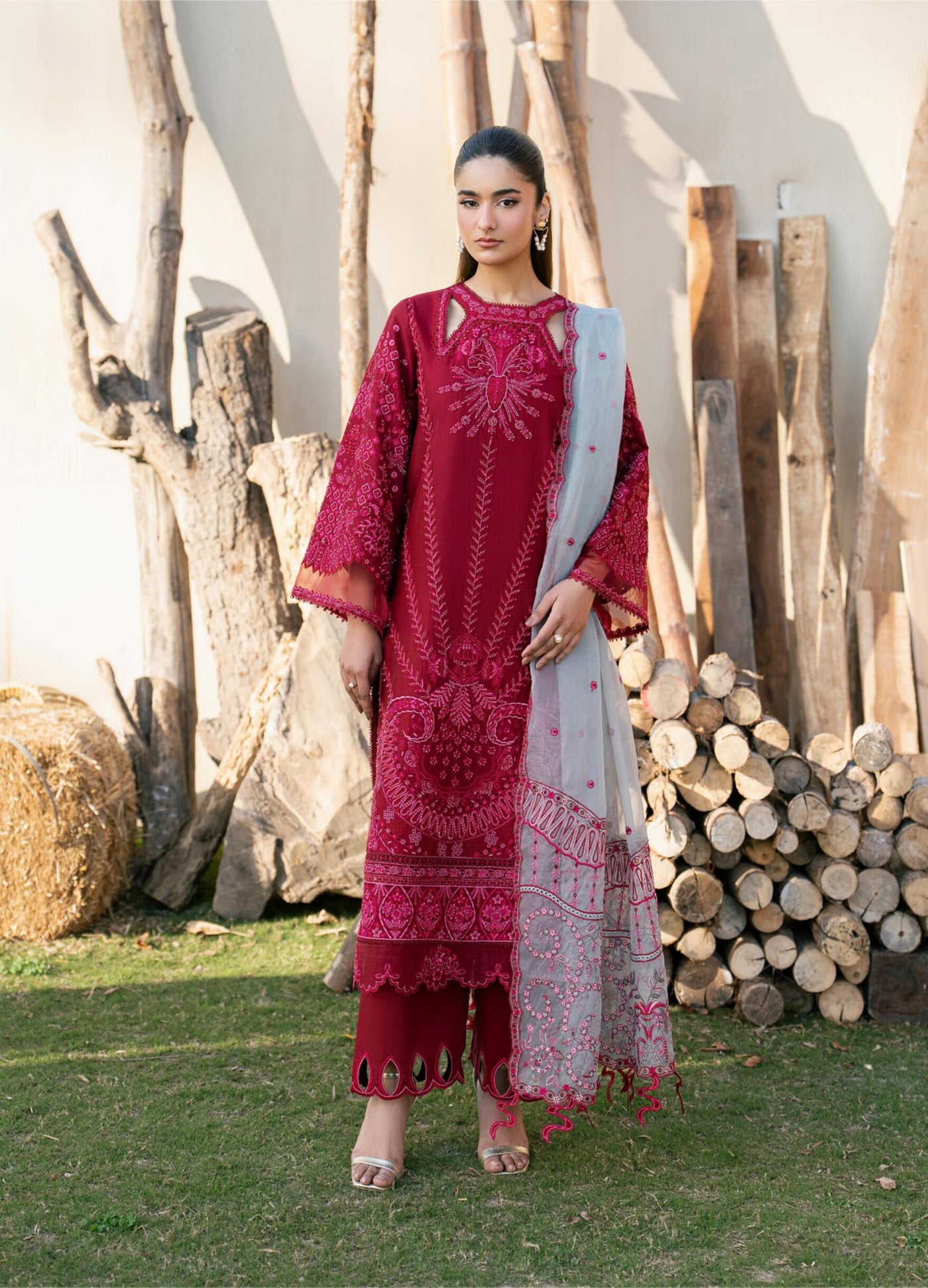 PIXEL – Red Embroidered Lawn 3-Piece with Organza Dupatta