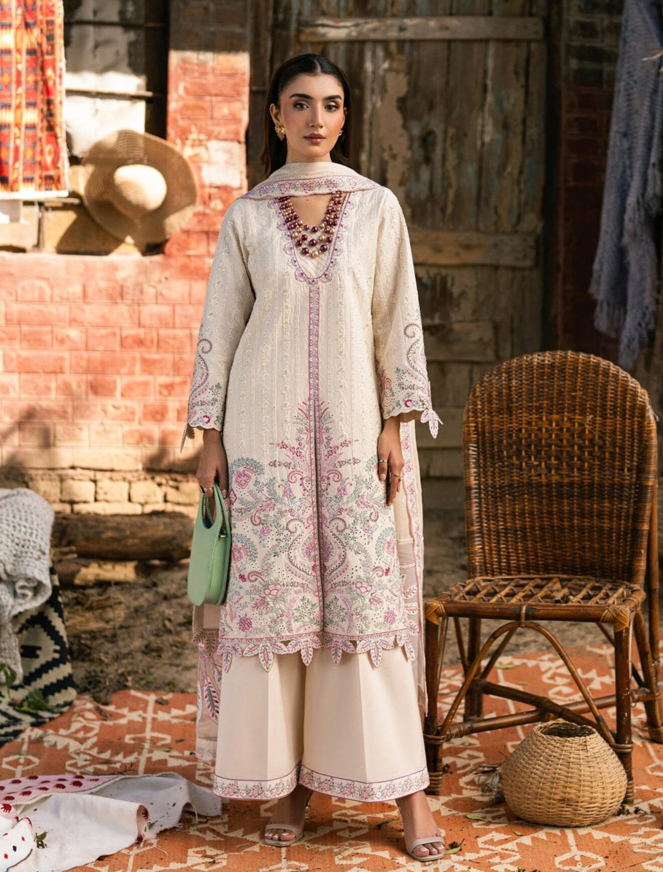 LOTUS – Ivory Embroidered Lawn 3-Piece with Chiffon Dupatta