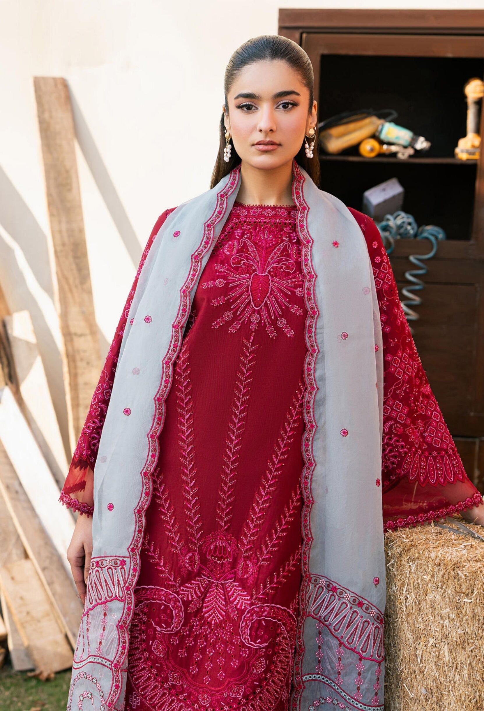 PIXEL – Red Embroidered Lawn 3-Piece with Organza Dupatta