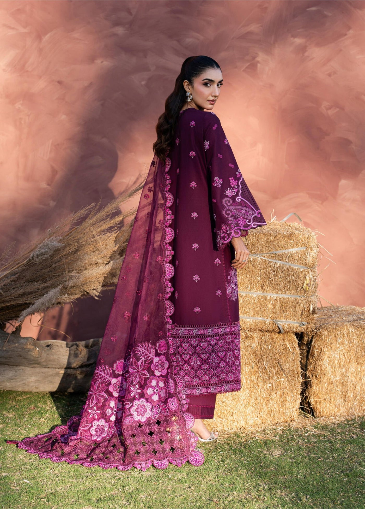 BERRY – Burgundy Embroidered Lawn 3-Piece with Organza Dupatta