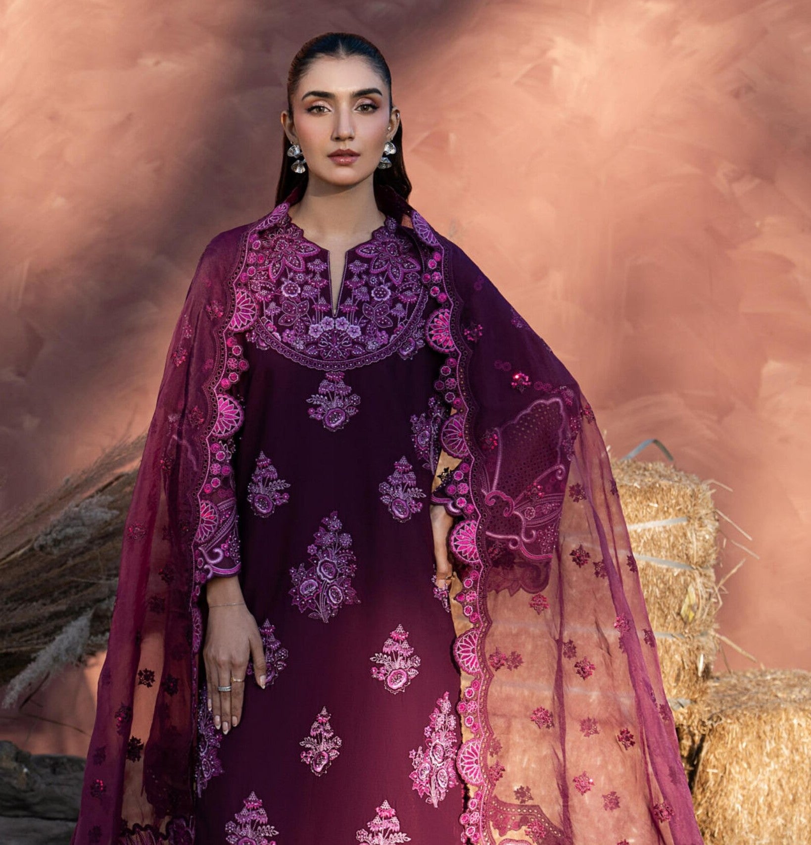 BERRY – Burgundy Embroidered Lawn 3-Piece with Organza Dupatta
