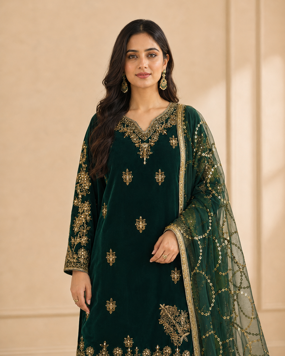 Bottle Green Handmade Mehndi Dress Palazzo Set