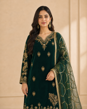 Bottle Green Handmade Mehndi Dress Palazzo Set