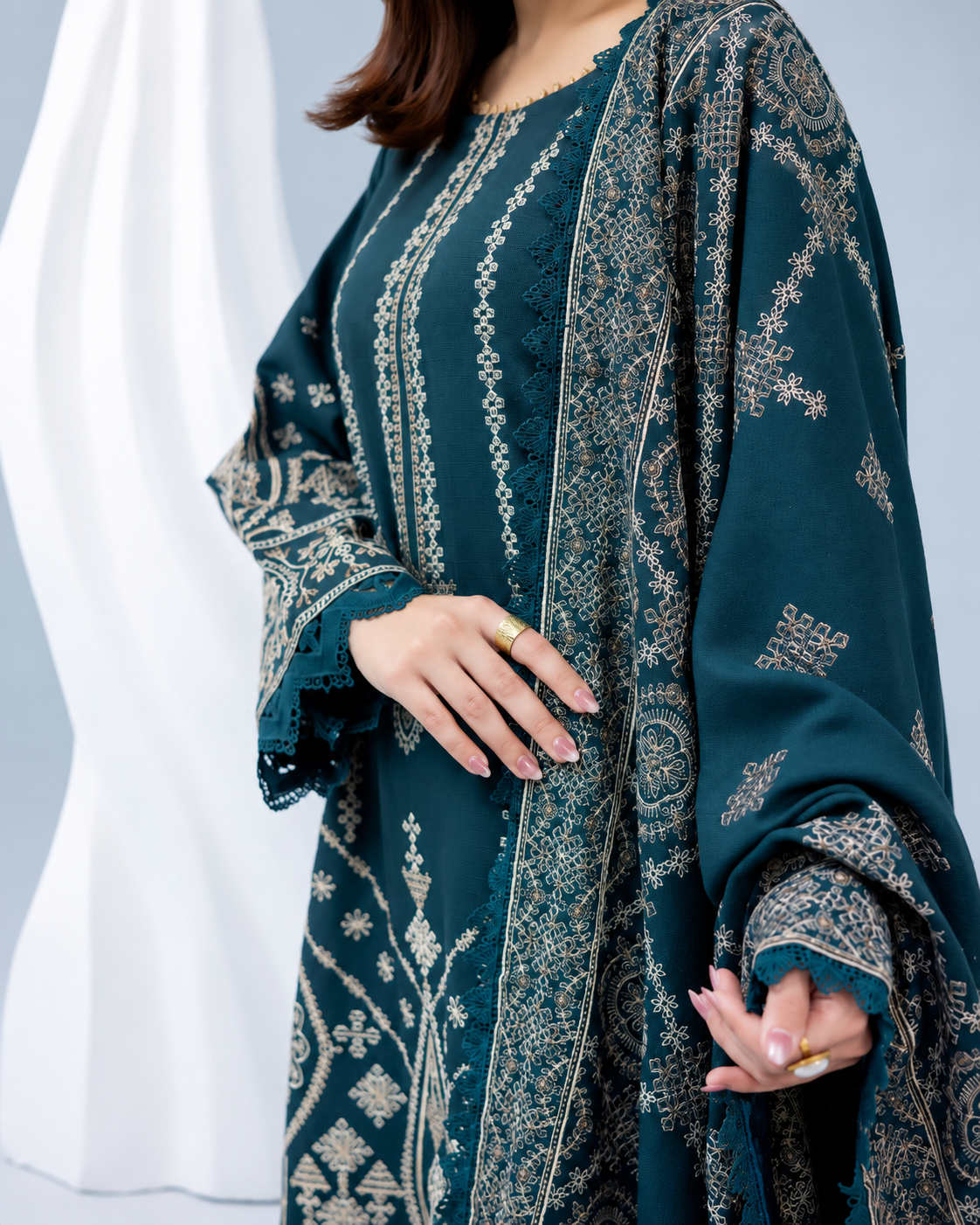 Zarnish by Johra Luxury Embroidered Winter Suit with Embroidered Wool Shawl