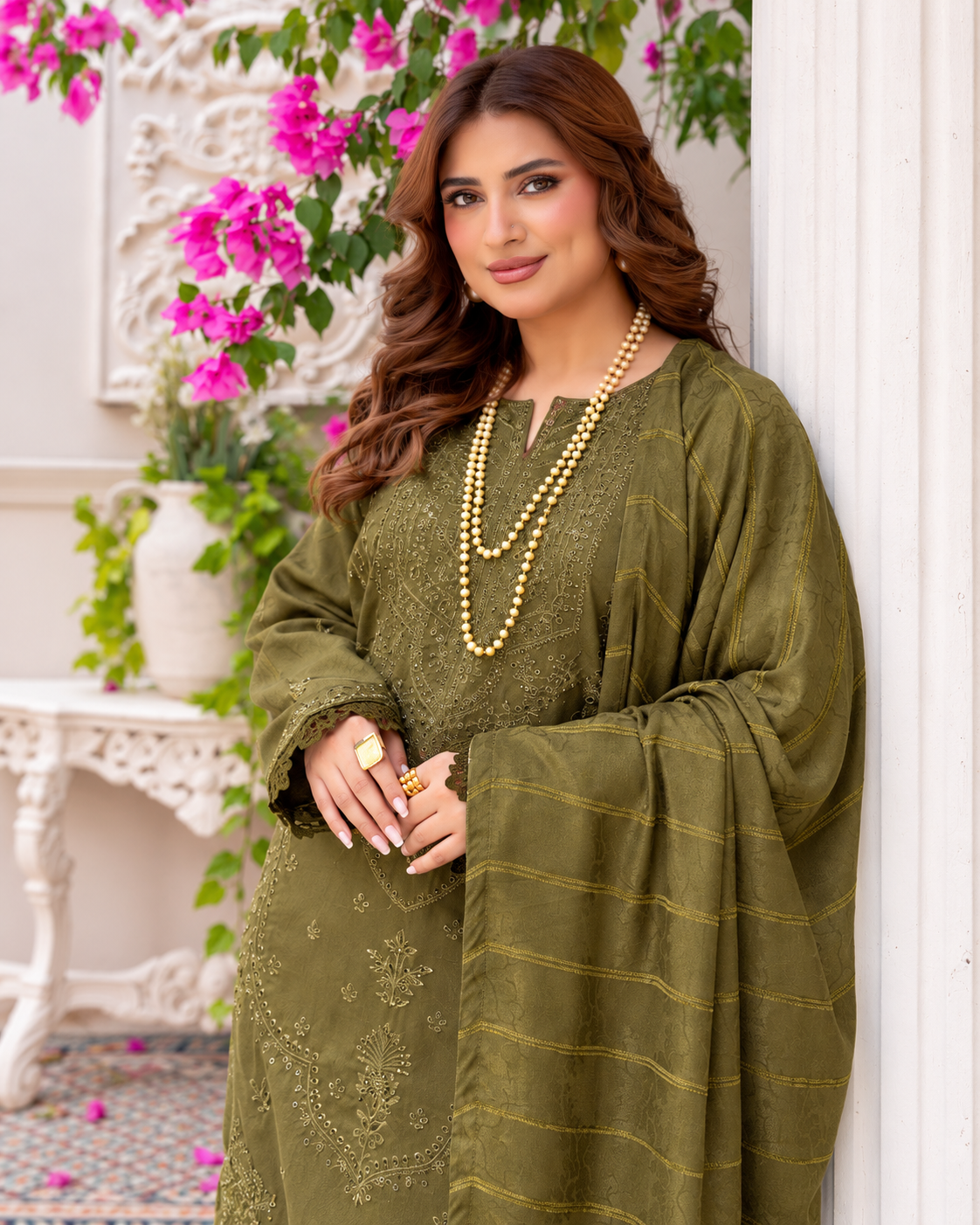 Riaz Arts Musfirah Luxury Winter Embroidered Wool Touch Peach Suit