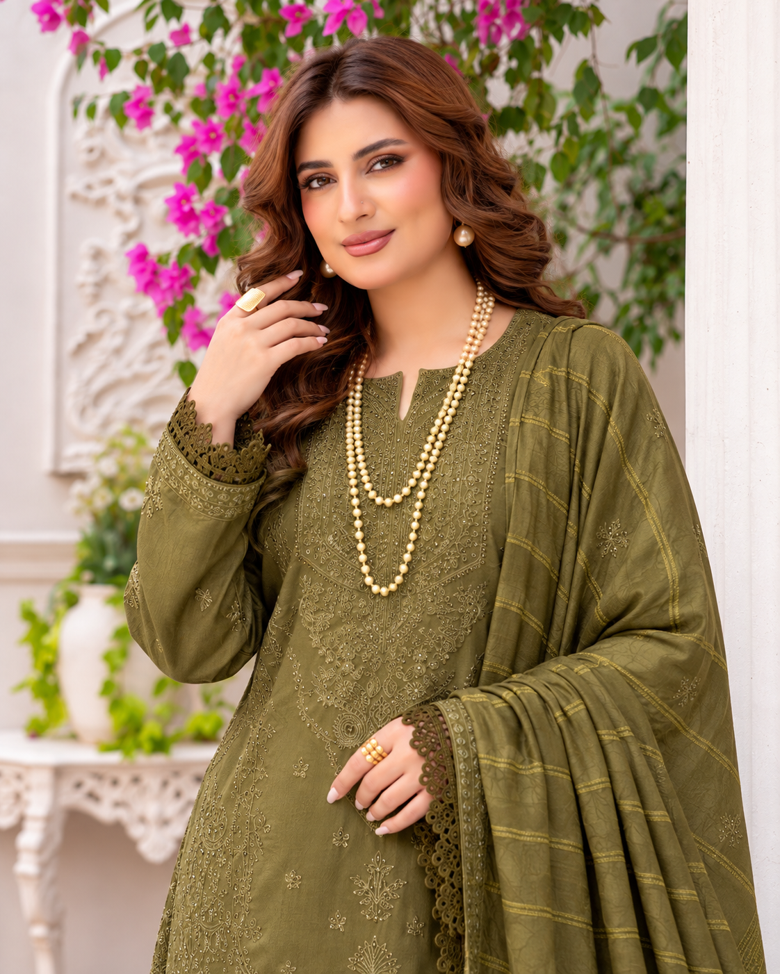 Riaz Arts Musfirah Luxury Winter Embroidered Wool Touch Peach Suit