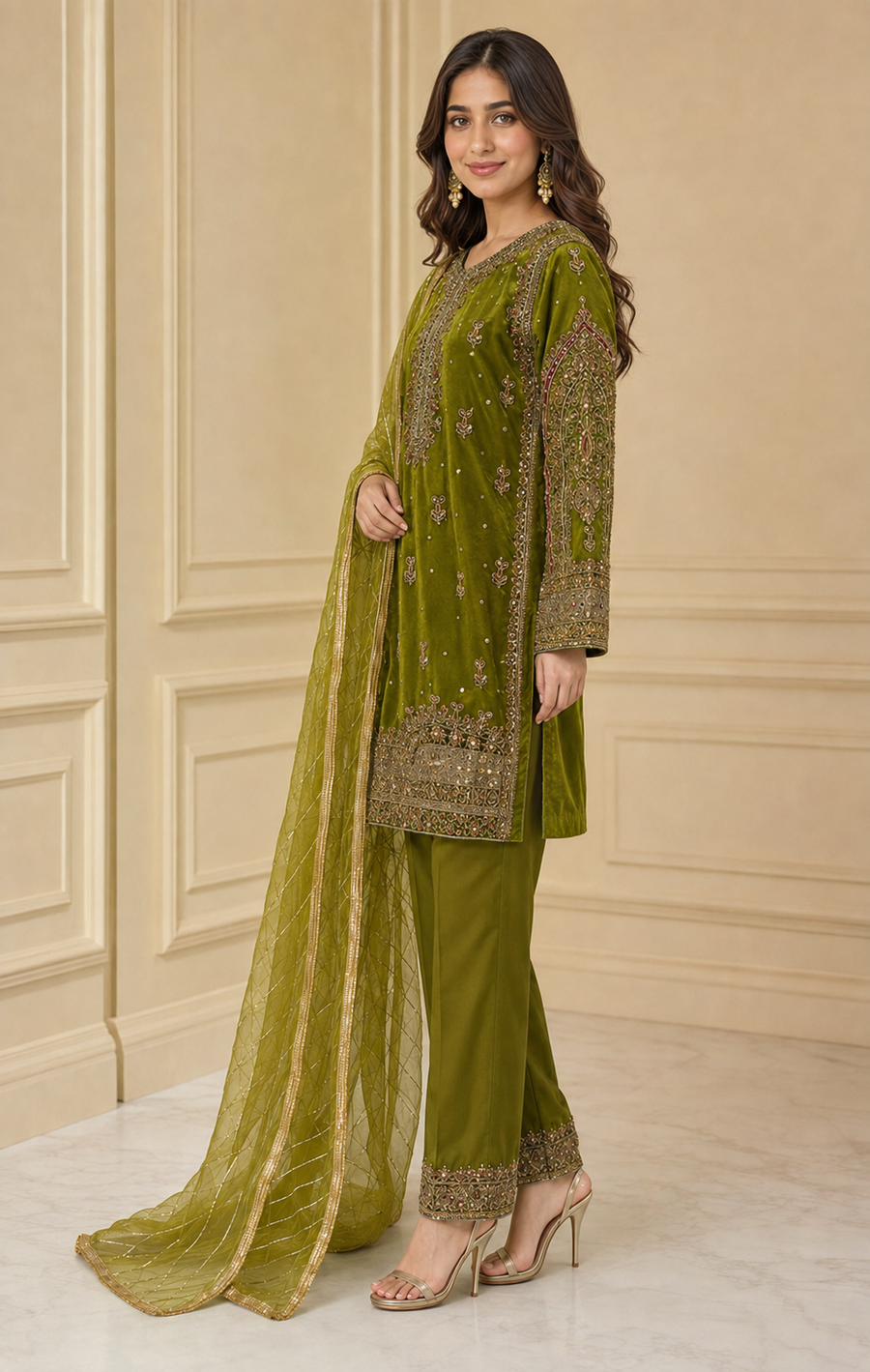 Olive Green Handmade Mehndi Dress Three-Piece Suit