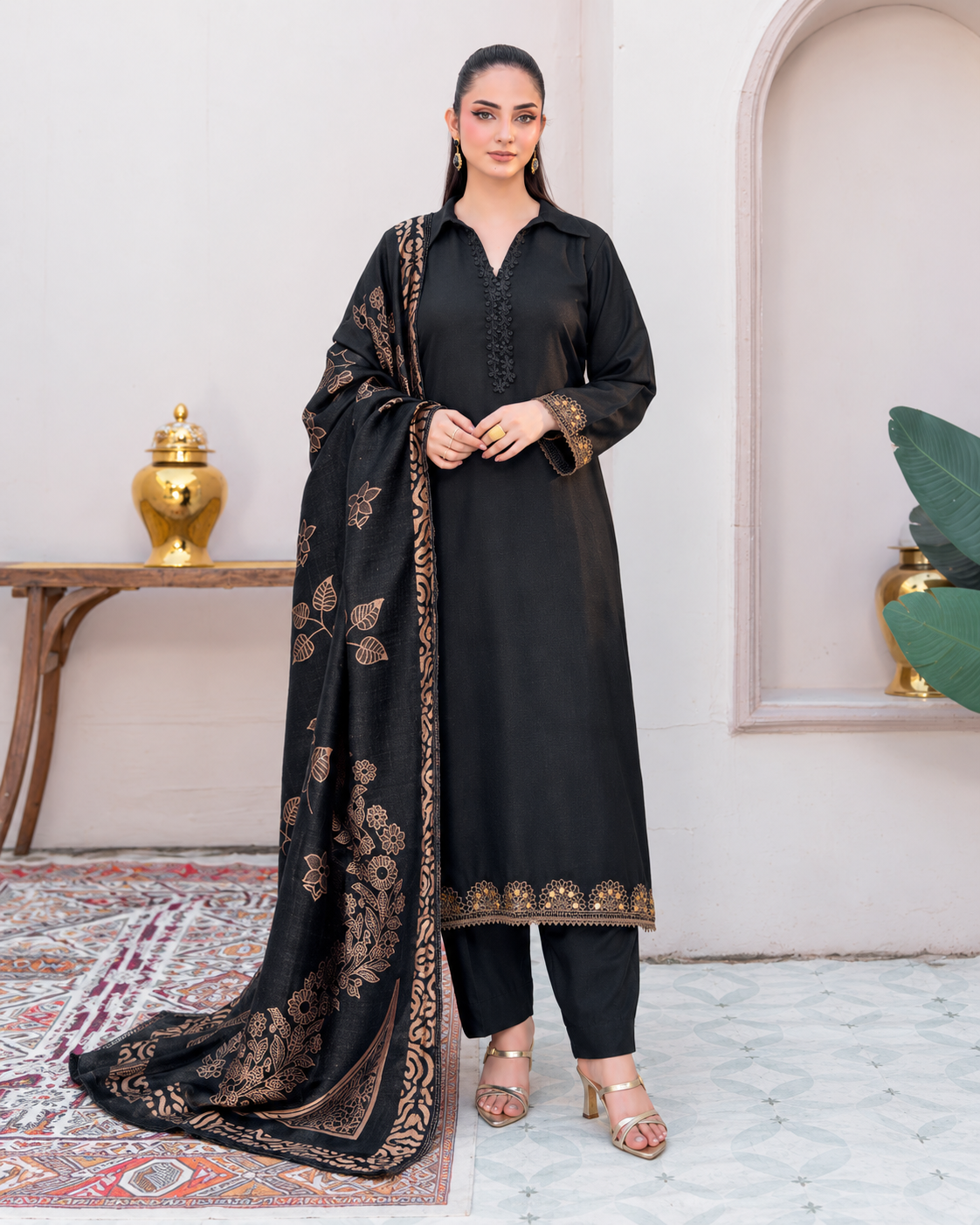 Riaz Arts Deedar Wool Touch Peach Suit with Banarsi Jacquard Wool Shawl