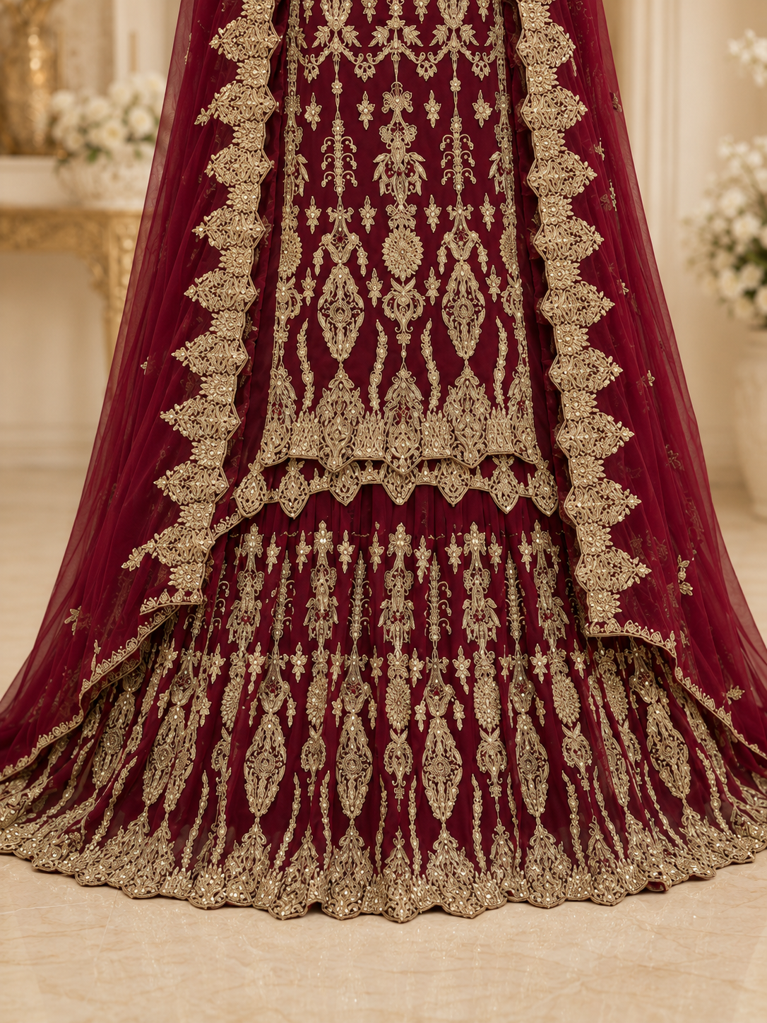 Classic Maroon Silk Bridal Farshi Lehenga with Floral Kora Dabka Work
